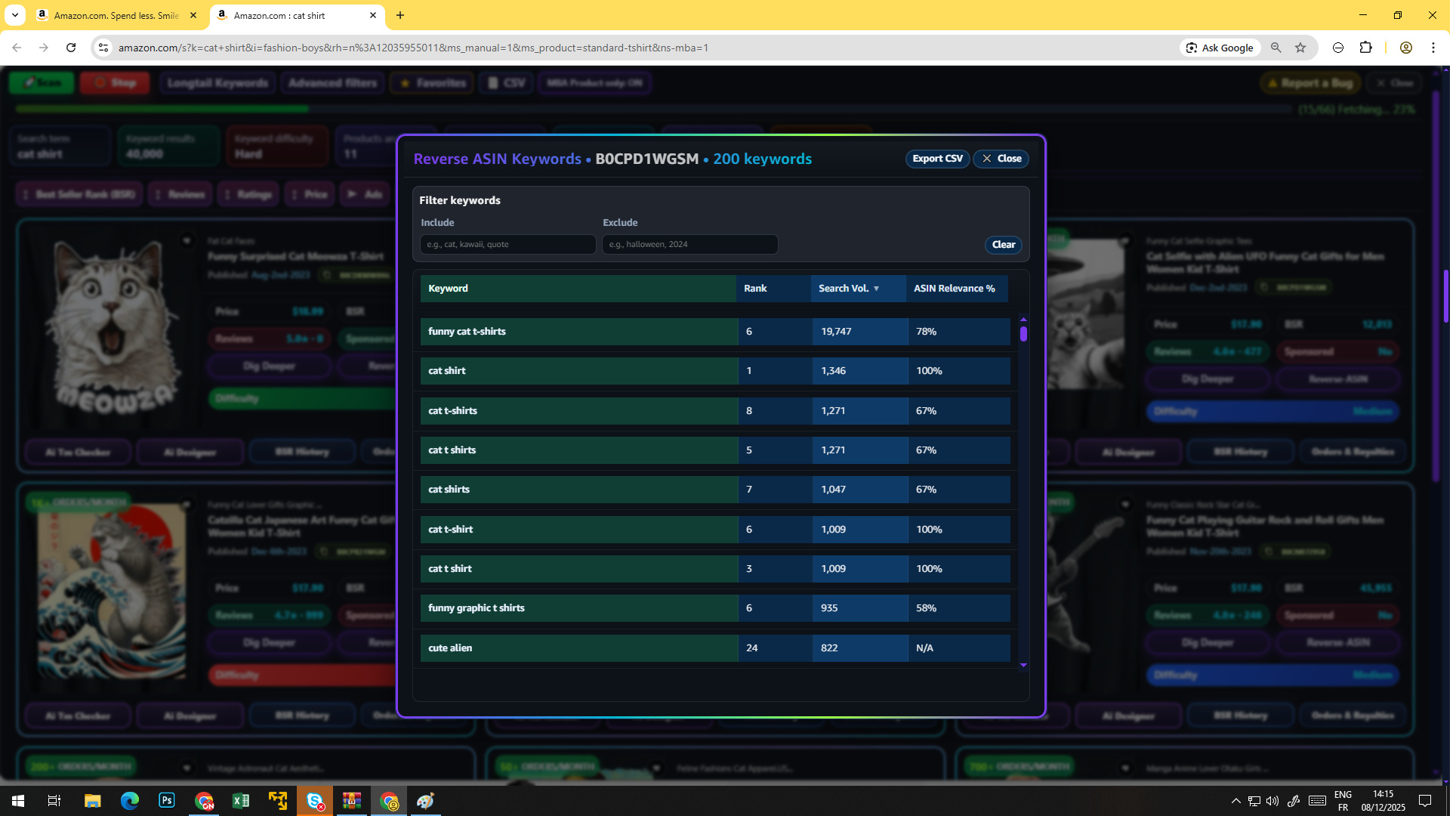 Reverse ASIN — proven keywords table